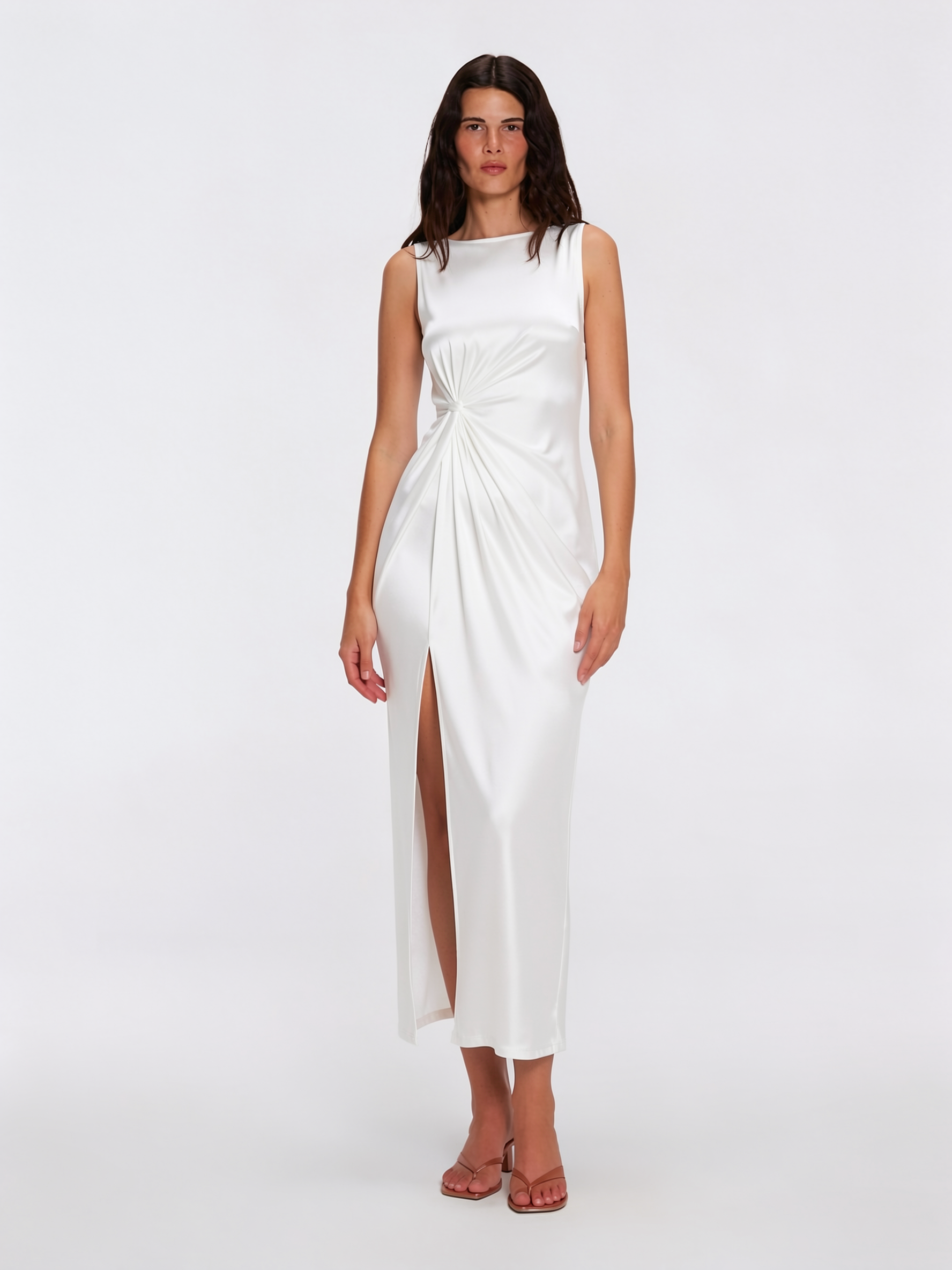 Apollo White Satin Sleeveless Maxi Dress with Side Slit | Moeva | Dress | Each week unveils new pieces—luxury swimwear, fluid resort silhouettes, and elevated summer-to-evening essentials designed to carry you from coastal escapes to city nights.