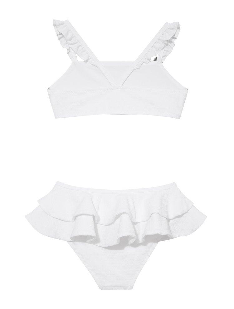 Dassy White Ruffle Strap Kids Bikini Set with Layered Skirt | Moeva | Bikini Set | Each week unveils new pieces—luxury swimwear, fluid resort silhouettes, and elevated summer-to-evening essentials designed to carry you from coastal escapes to city nights.