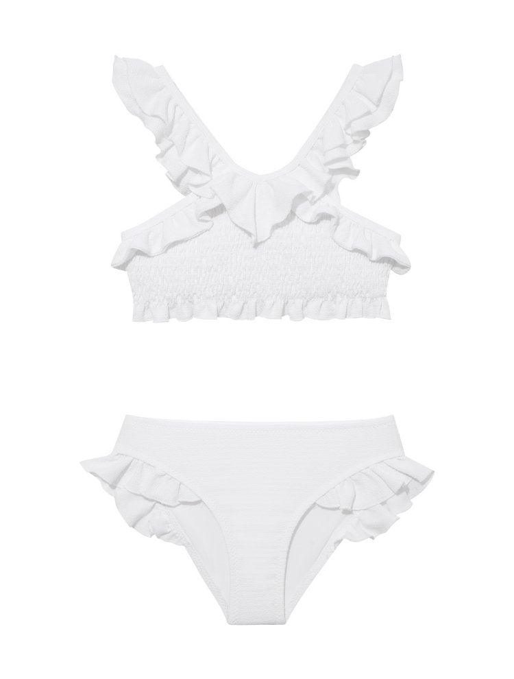 Effy White Ruffle Strap and Trim Kids Bikini Set | Moeva | Bikini Set | Each week unveils new pieces—luxury swimwear, fluid resort silhouettes, and elevated summer-to-evening essentials designed to carry you from coastal escapes to city nights.