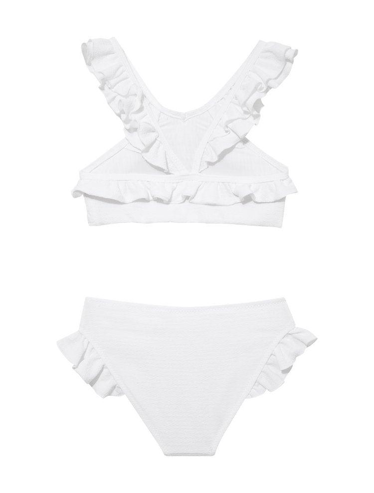 Effy White Ruffle Strap and Trim Kids Bikini Set | Moeva | Bikini Set | Each week unveils new pieces—luxury swimwear, fluid resort silhouettes, and elevated summer-to-evening essentials designed to carry you from coastal escapes to city nights.
