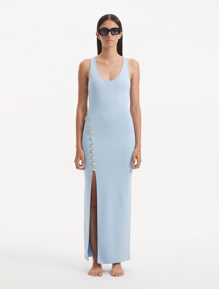 Raine Baby Blue Knit Maxi Dress with Side Slit & Button Detail | Moeva | Dress | Each week unveils new pieces—luxury swimwear, fluid resort silhouettes, and elevated summer-to-evening essentials designed to carry you from coastal escapes to city nights.