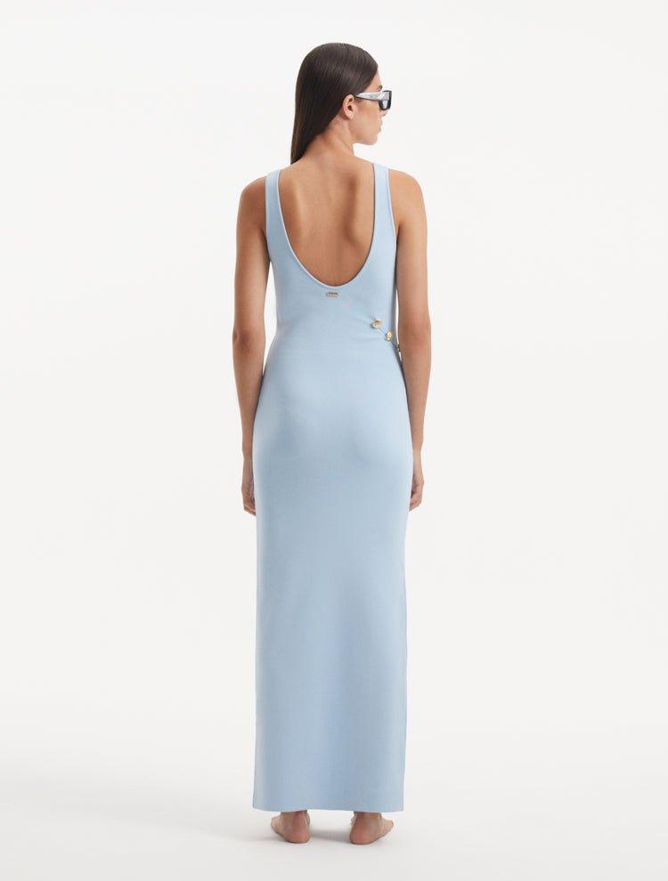 Raine Baby Blue Knit Maxi Dress with Side Slit & Button Detail | Moeva | Dress | Each week unveils new pieces—luxury swimwear, fluid resort silhouettes, and elevated summer-to-evening essentials designed to carry you from coastal escapes to city nights.