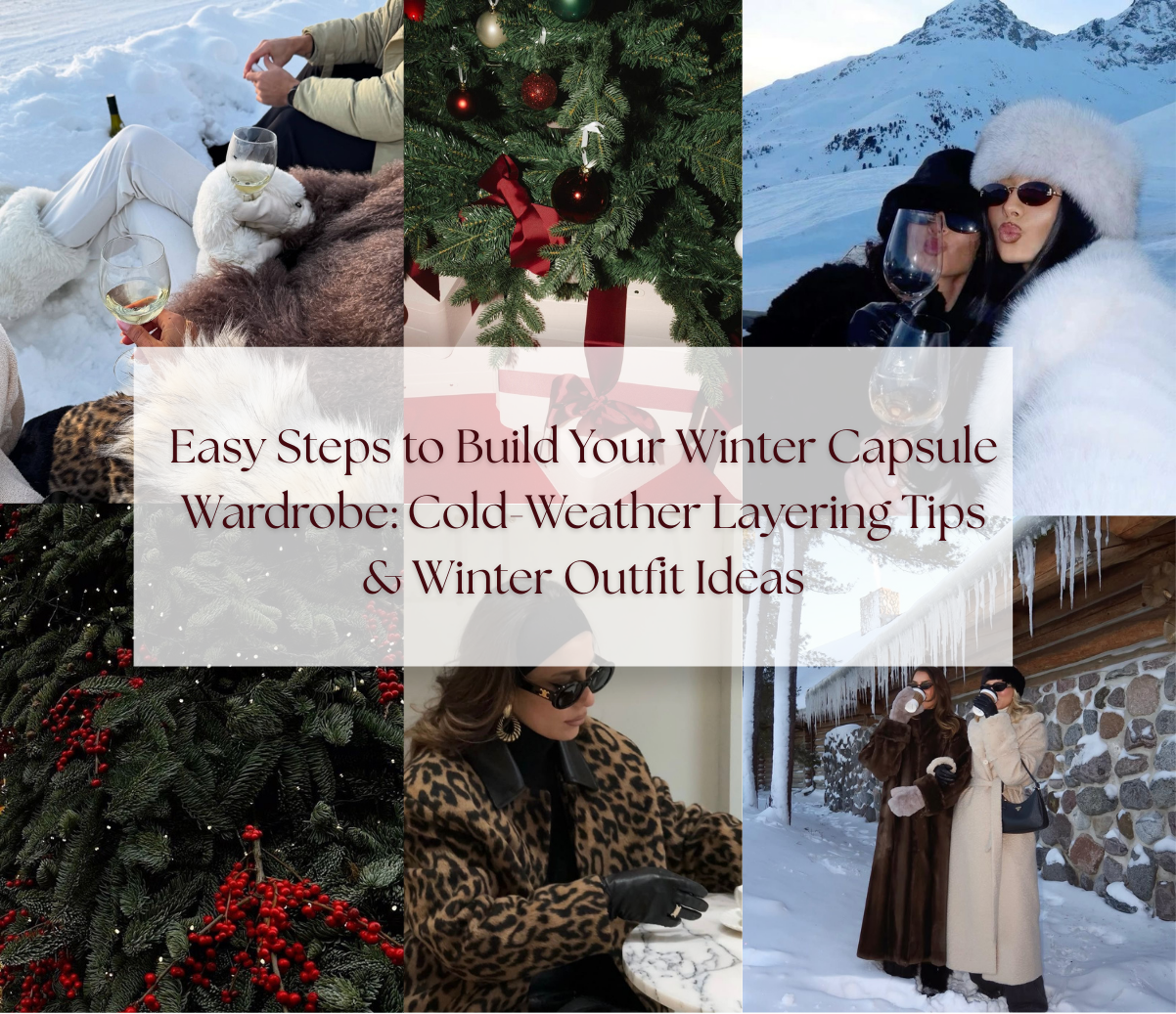 Winter capsule wardrobe collage showcasing knitwear, faux fur coats, cold-weather layering and elegant winter outfit ideas with snowy holiday season elements.