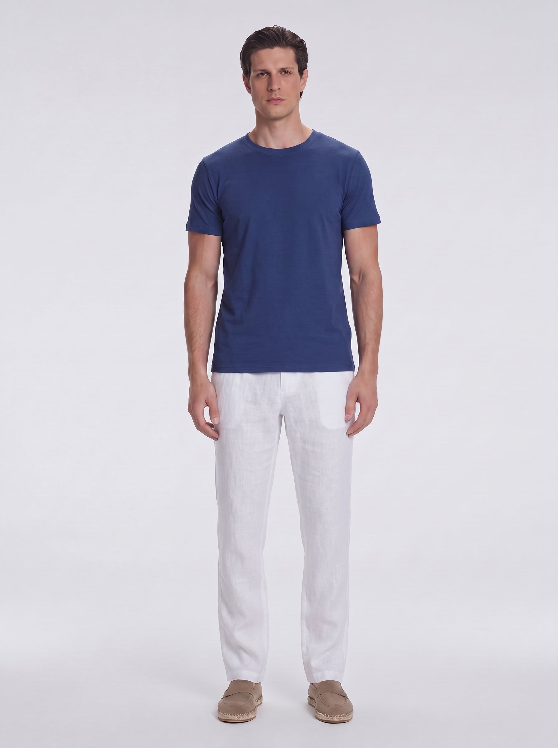 Atlas Dark Blue Cotton Round Neck T-Shirt | Moeva | T-Shirt | Each week unveils new pieces—luxury swimwear, fluid resort silhouettes, and elevated summer-to-evening essentials designed to carry you from coastal escapes to city nights.