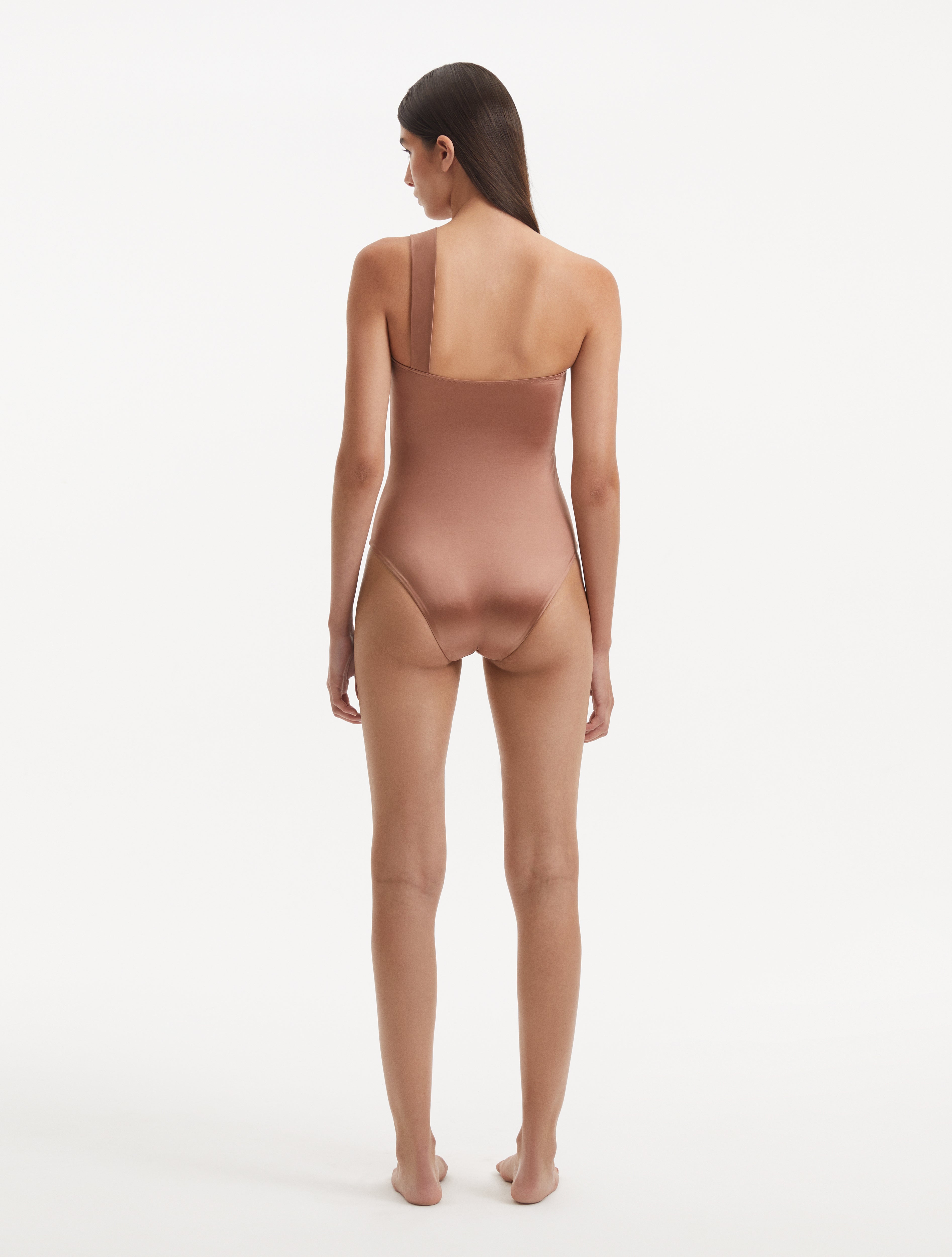Halin Brown One Shoulder Satin Swimsuit | Moeva | Swimsuit | Each week unveils new pieces—luxury swimwear, fluid resort silhouettes, and elevated summer-to-evening essentials designed to carry you from coastal escapes to city nights.