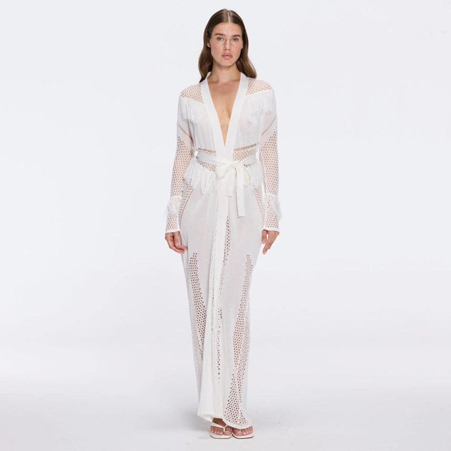 Itzel White Knitted Mesh Long-Sleeve Kaftan | Moeva | Kaftan | Each week unveils new pieces—luxury swimwear, fluid resort silhouettes, and elevated summer-to-evening essentials designed to carry you from coastal escapes to city nights.