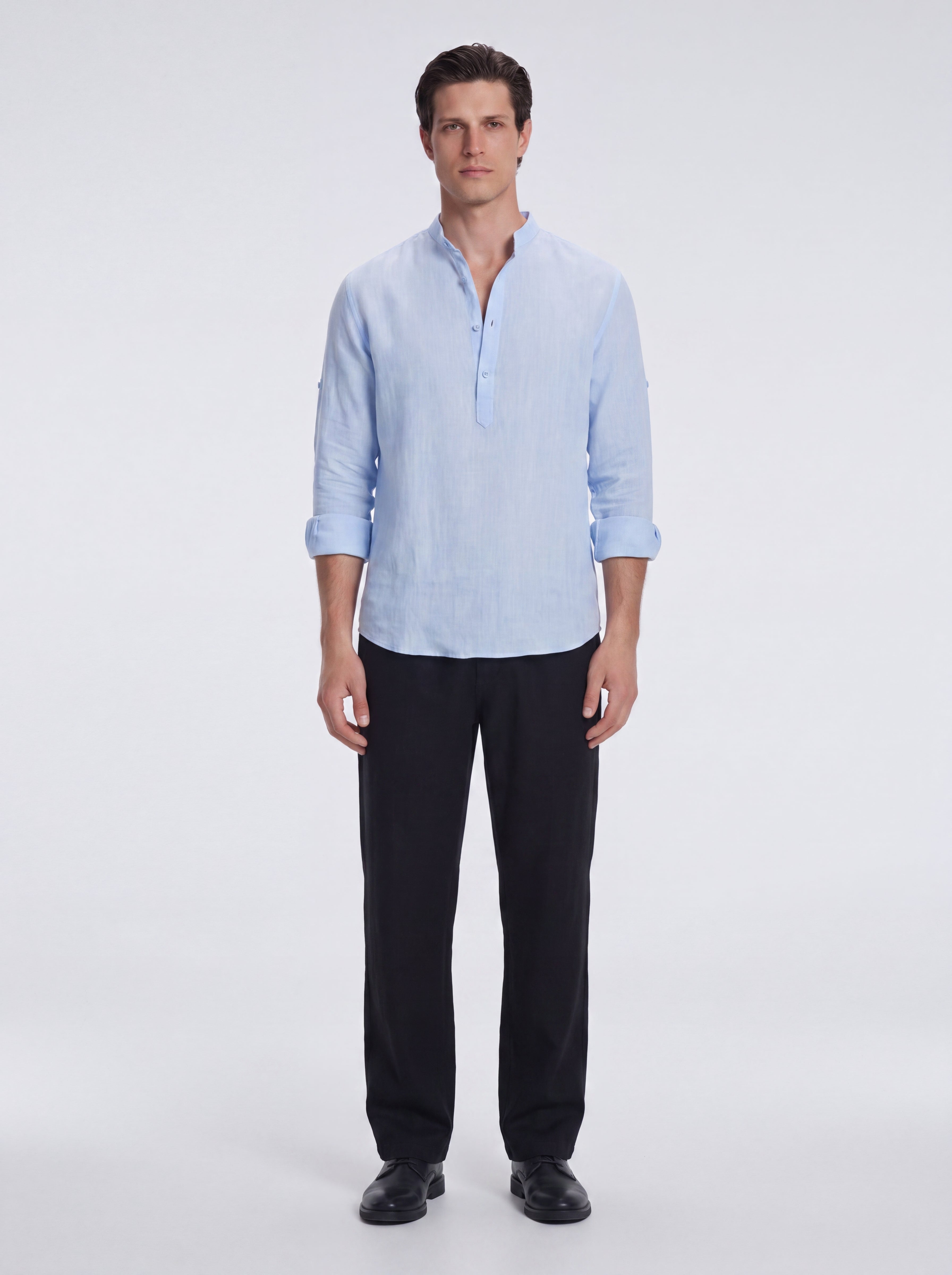 Matteo Baby Blue Linen Half-Placket Band Collar Shirt | Moeva | Shirt | Each week unveils new pieces—luxury swimwear, fluid resort silhouettes, and elevated summer-to-evening essentials designed to carry you from coastal escapes to city nights.
