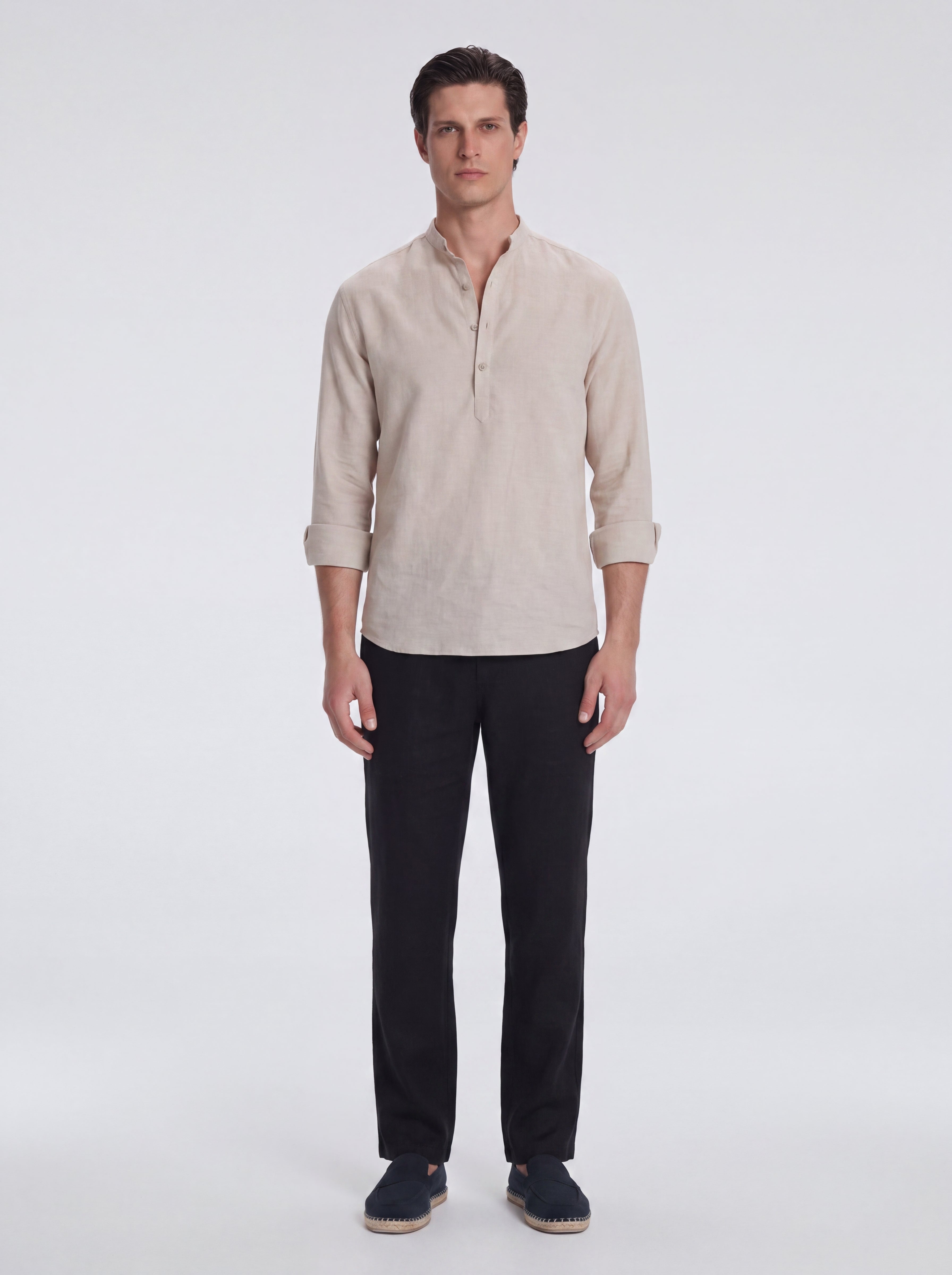 Matteo Nude Linen Half-Placket Band Collar Shirt | Moeva | Shirt | Each week unveils new pieces—luxury swimwear, fluid resort silhouettes, and elevated summer-to-evening essentials designed to carry you from coastal escapes to city nights.