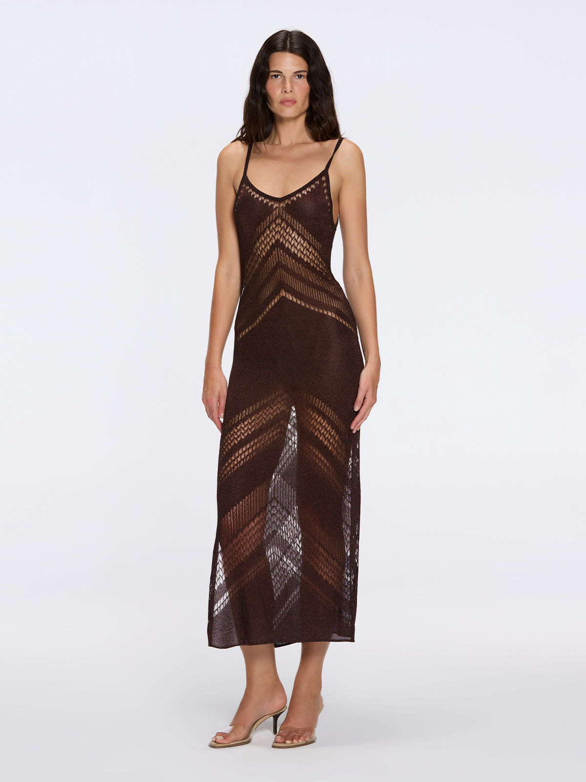 Beaulieu Brown Metallic Knit Maxi Dress with V-Neckline and Side Slit | Moeva | Dress | Each week unveils new pieces—luxury swimwear, fluid resort silhouettes, and elevated summer-to-evening essentials designed to carry you from coastal escapes to city nights.