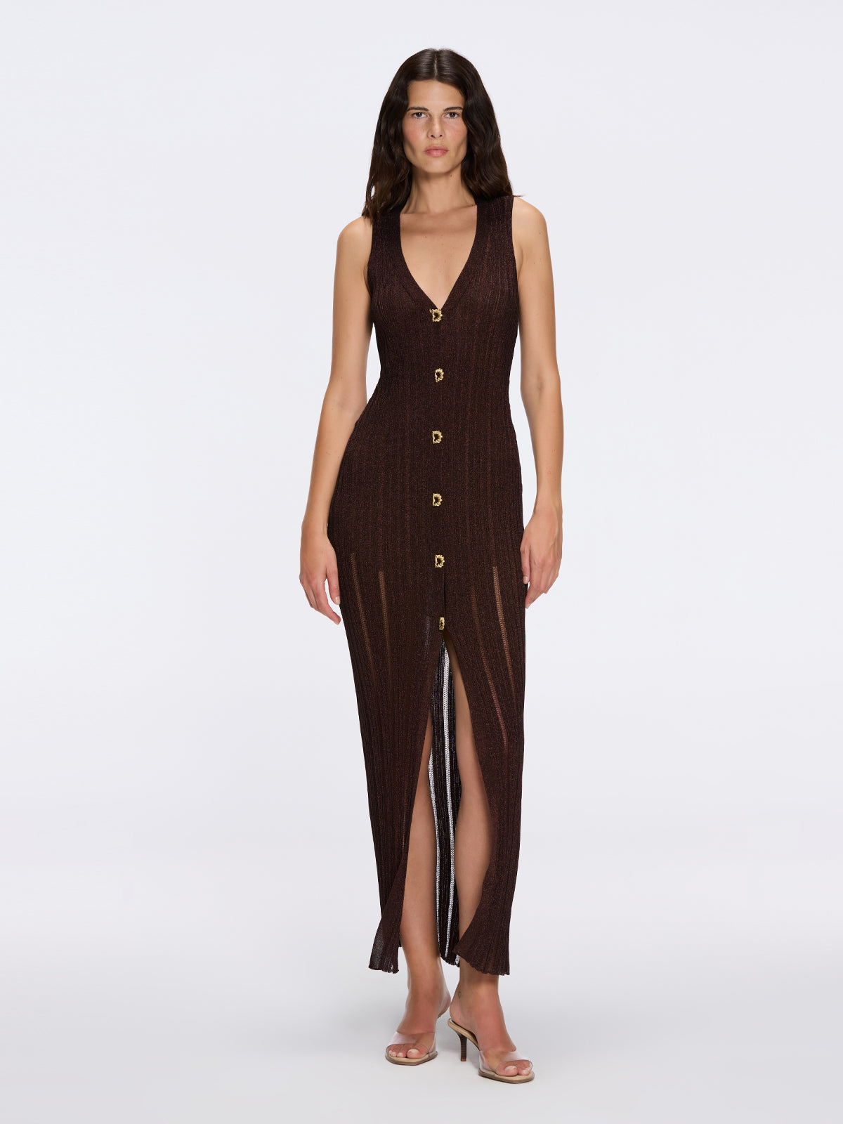 Marion Pascale - Biot Brown Metallic Knit V-Neck Gold Button-Down Dress | Moeva | Dress | Each week unveils new pieces—luxury swimwear, fluid resort silhouettes, and elevated summer-to-evening essentials designed to carry you from coastal escapes to city nights.