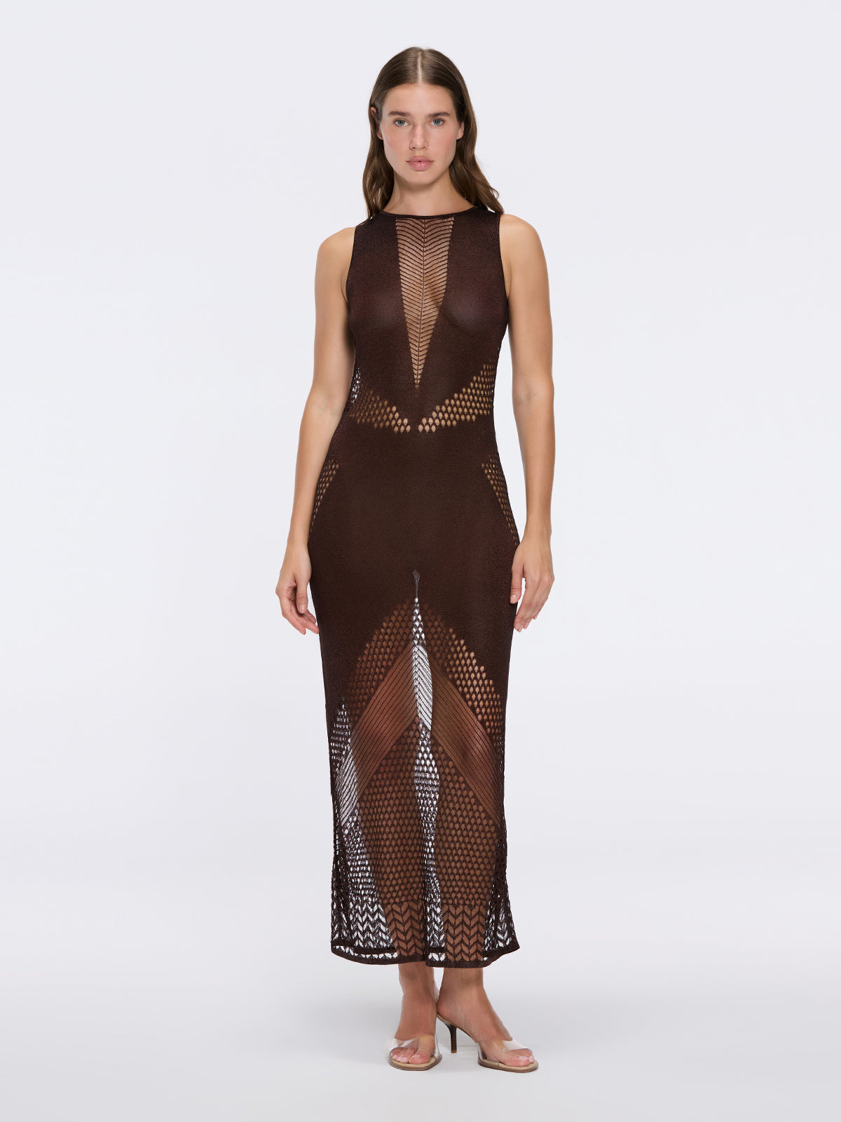 Nerida Brown Mesh Knit Ankle-Length Dress with Fringe Details | Moeva | Dress | Each week unveils new pieces—luxury swimwear, fluid resort silhouettes, and elevated summer-to-evening essentials designed to carry you from coastal escapes to city nights.