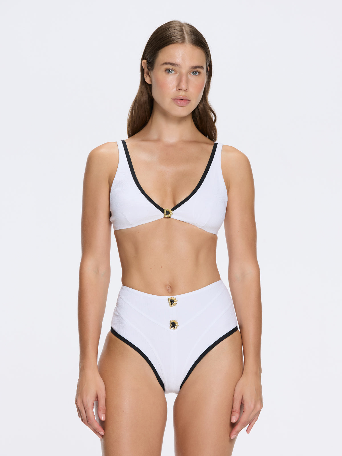 Merrin White-Black V Neck High Waist Textured Bikini Set | Moeva | Bikini Set | Each week unveils new pieces—luxury swimwear, fluid resort silhouettes, and elevated summer-to-evening essentials designed to carry you from coastal escapes to city nights.