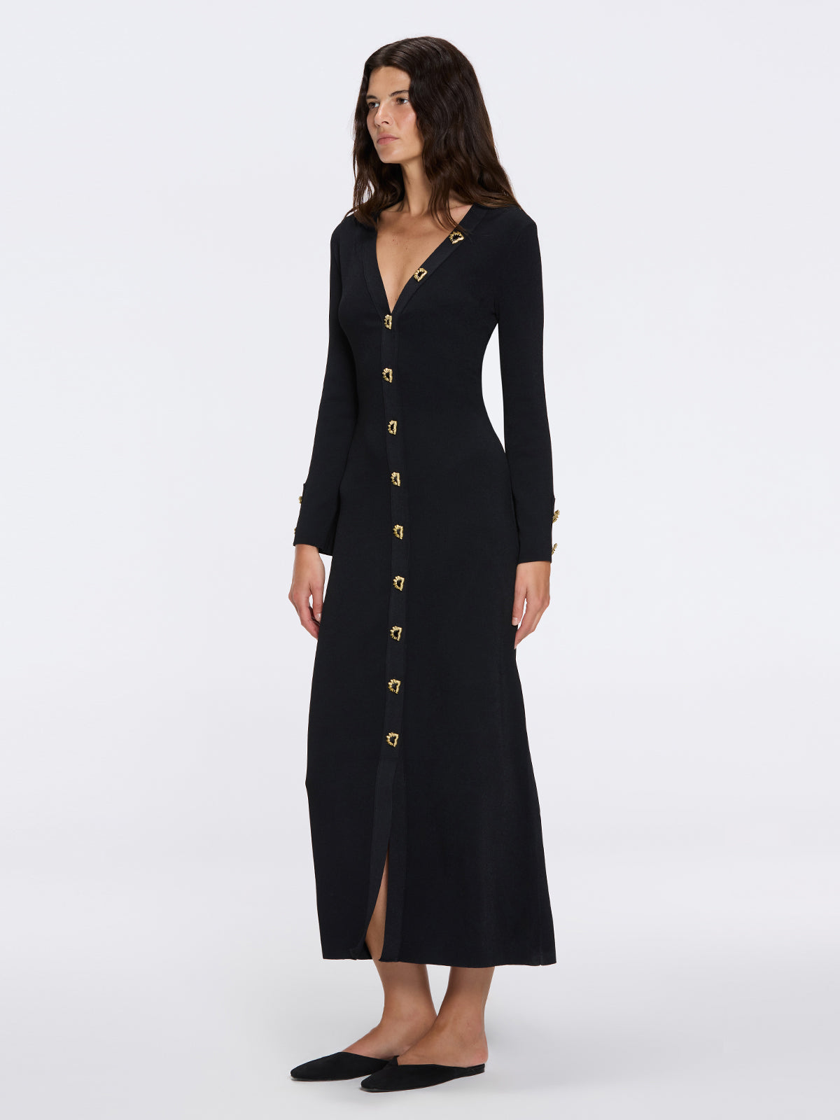Brezia Black Knitted Maxi Dress with Long Sleeves and Gold Button Details | Moeva | Dress | Each week unveils new pieces—luxury swimwear, fluid resort silhouettes, and elevated summer-to-evening essentials designed to carry you from coastal escapes to city nights.