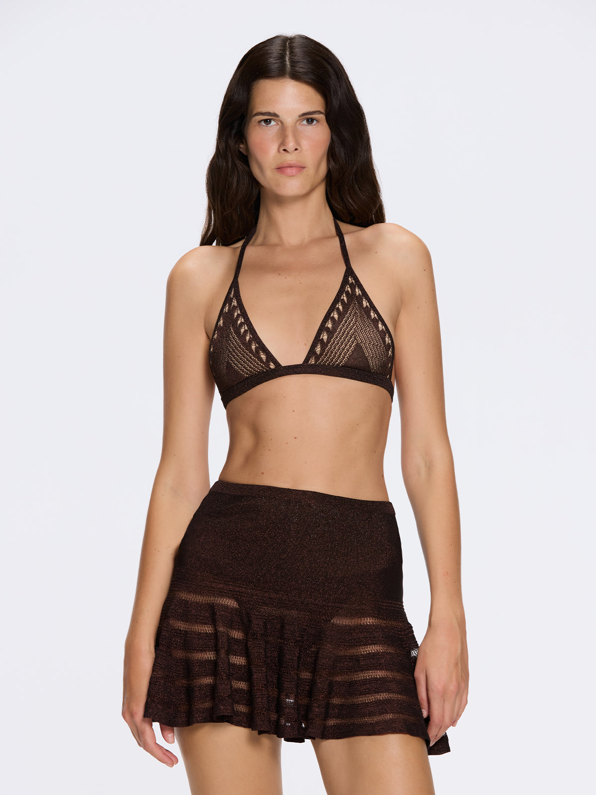 Eze Metallic Knit High-Waist Mini Brown Skirt | Moeva | Skirt | Each week unveils new pieces—luxury swimwear, fluid resort silhouettes, and elevated summer-to-evening essentials designed to carry you from coastal escapes to city nights.