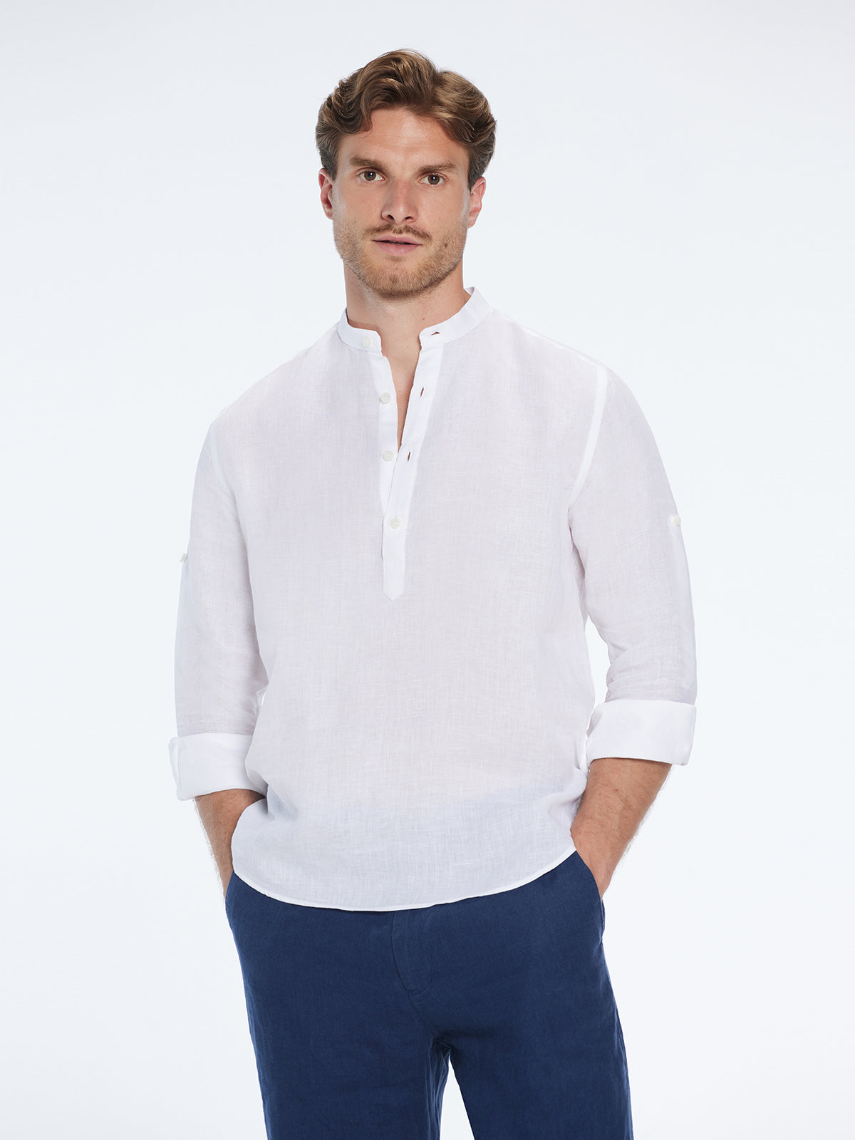Matteo White Linen Half-Placket Band Collar Shirt | Moeva | Shirt | Each week unveils new pieces—luxury swimwear, fluid resort silhouettes, and elevated summer-to-evening essentials designed to carry you from coastal escapes to city nights.