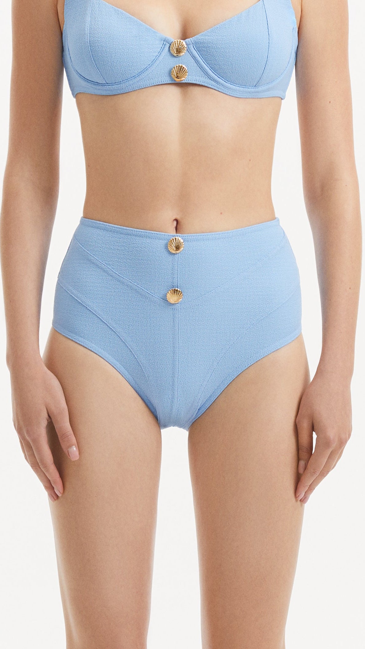 Adva Baby Blue High Waist Textured Bikini Bottom | Moeva | Bikini Bottom | Each week unveils new pieces—luxury swimwear, fluid resort silhouettes, and elevated summer-to-evening essentials designed to carry you from coastal escapes to city nights.
