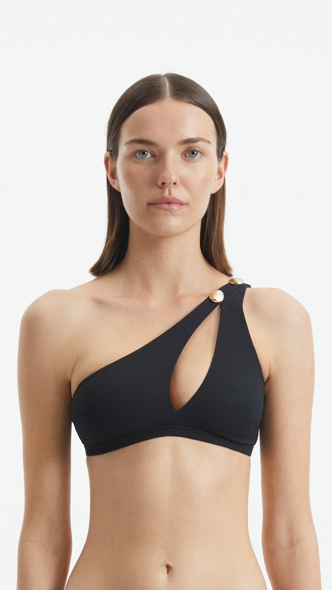 Eyre Black One Shoulder Textured Bikini Top | Moeva | Bikini Top | Each week unveils new pieces—luxury swimwear, fluid resort silhouettes, and elevated summer-to-evening essentials designed to carry you from coastal escapes to city nights.