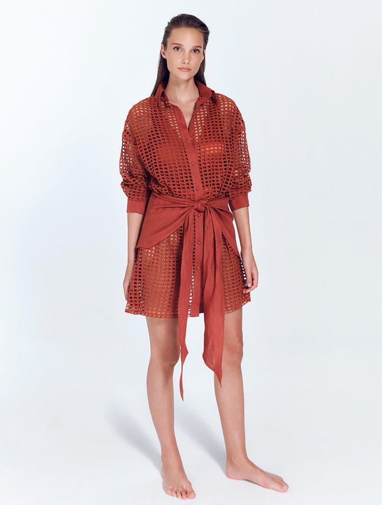 Jesabel Red Ochre Eyelet Shirt Dress with Tie-Front Detail | Moeva | Dress | Each week unveils new pieces—luxury swimwear, fluid resort silhouettes, and elevated summer-to-evening essentials designed to carry you from coastal escapes to city nights.