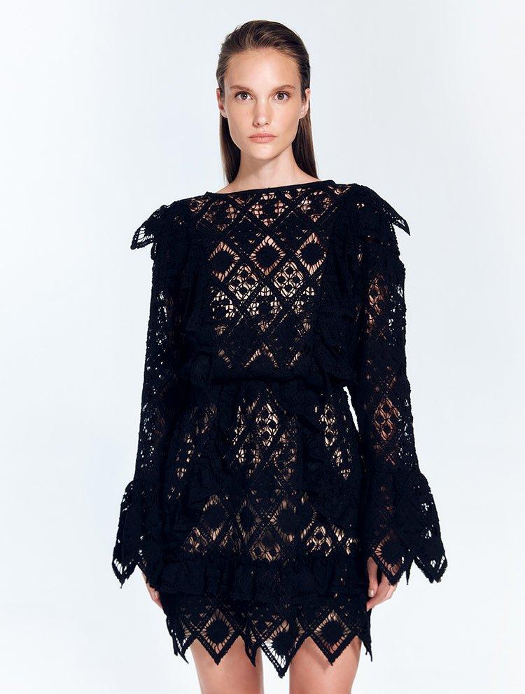 Zhen Black Lace Midi Dress with Ruffle Detail | Moeva | Dress | Each week unveils new pieces—luxury swimwear, fluid resort silhouettes, and elevated summer-to-evening essentials designed to carry you from coastal escapes to city nights.