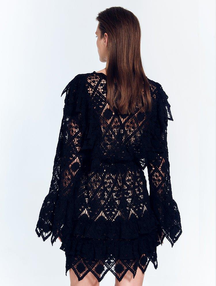 Zhen Black Lace Midi Dress with Ruffle Detail | Moeva | Dress | Each week unveils new pieces—luxury swimwear, fluid resort silhouettes, and elevated summer-to-evening essentials designed to carry you from coastal escapes to city nights.